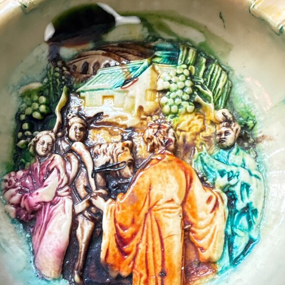 Vintage Hand Carved Jade Chinese Ashtray Relief Scene Ceramic Decor Made Italy - Picture 8 of 11